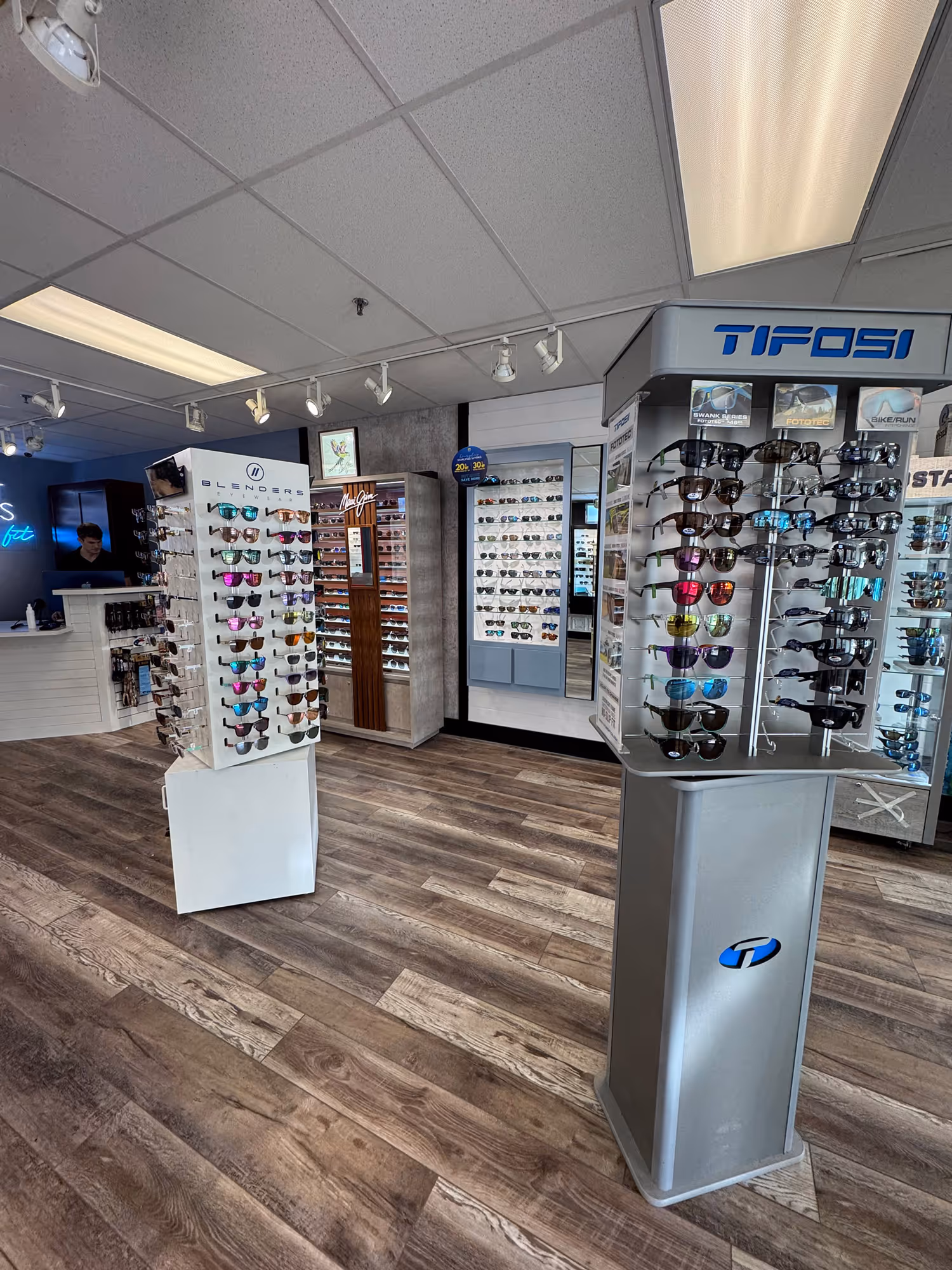 Tifosi sunglasses, Blenders sunglasses, and other premium sunglasses brands on display at Select Shades Sunglass Outlet in Lake George, NY.