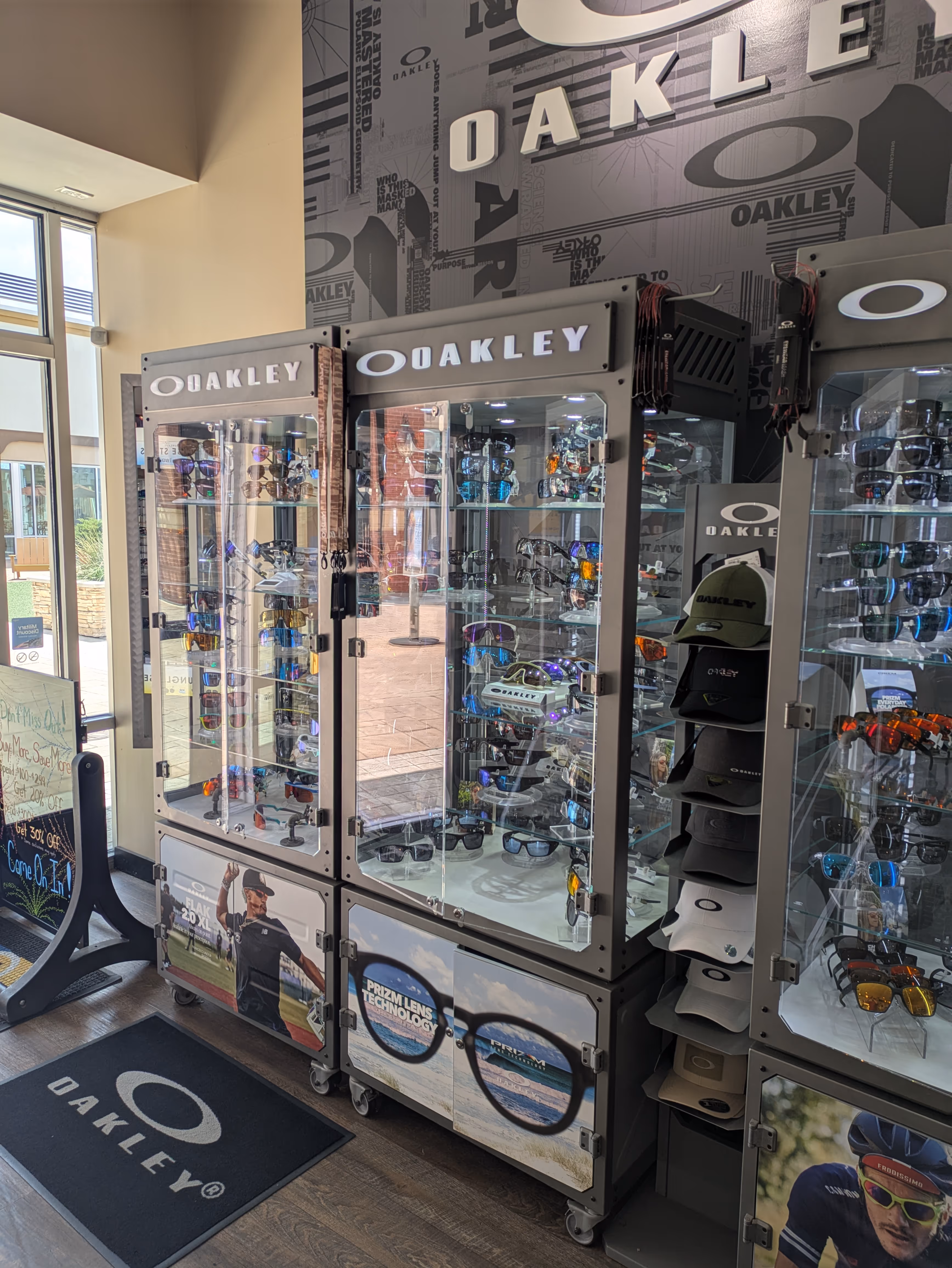 Oakley performance sunglasses display in Fort Worth Select Shades Sunglass outlet store