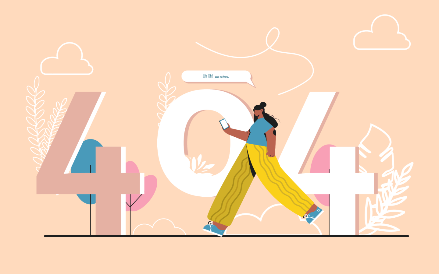 404 illustration of a girl holding phone in front of 404 numbers