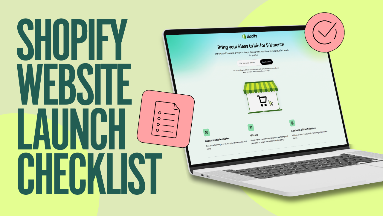 Laptop with Shopify. Text next to it reads "SHOPIFY WEBSITE LAUNCH CHECKLIST"