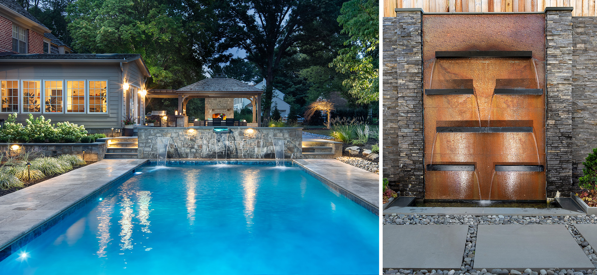 A gorgeous swimming pool on the left includes unique lighting in and around the water to allow it to be used all day and night. A unique water fountain sculpture is on the right side off the image with lighting that makes the details shine during the night. Both projects were designed and built by Rossen Landscape.