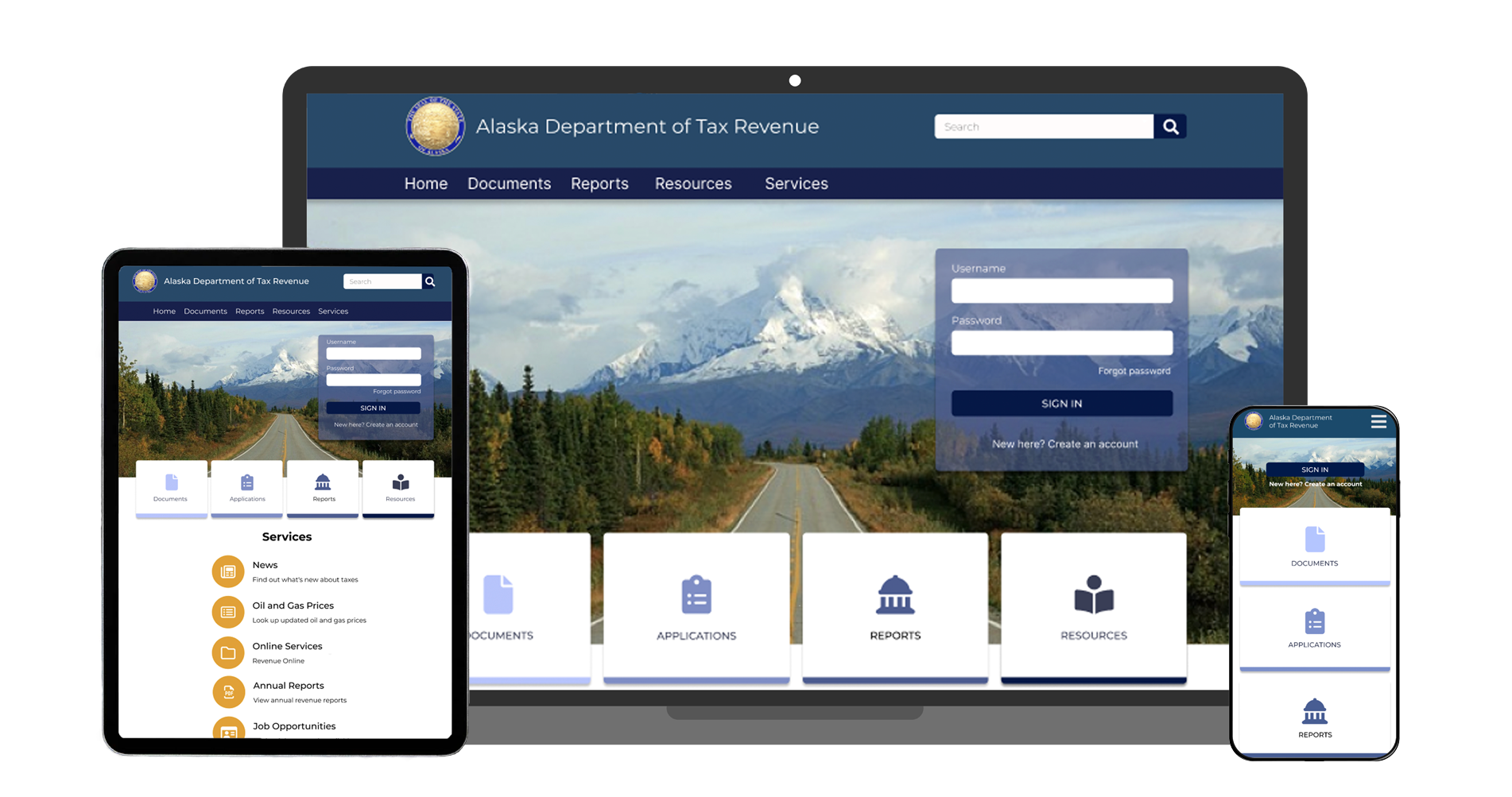 Three devices, desktop, tablet and mobile screens showcasing the Alaska tax website's home page