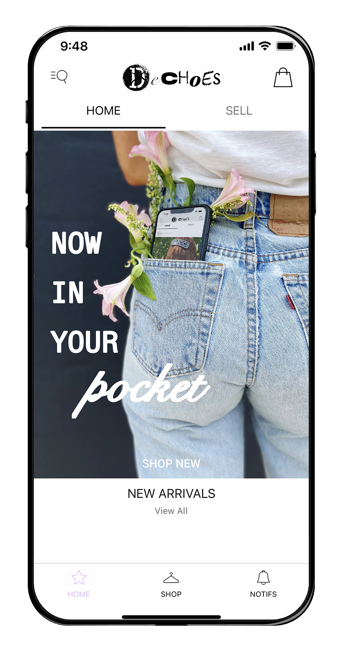 A mobile phone screen showing a home screen with a large promotional image and some buttons