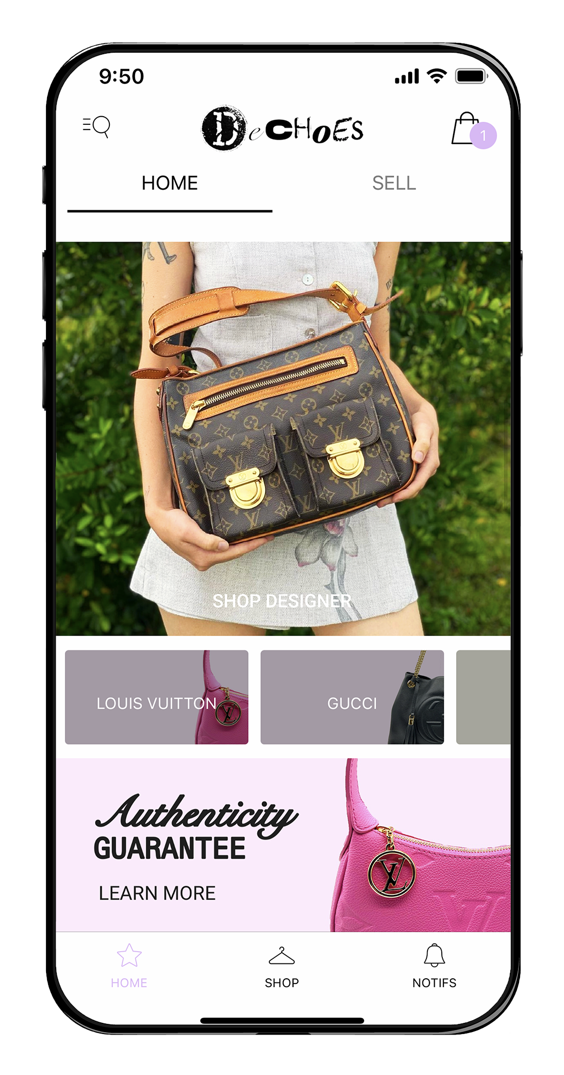 A mobile phone screen showing an app's home page with purses and promotional images