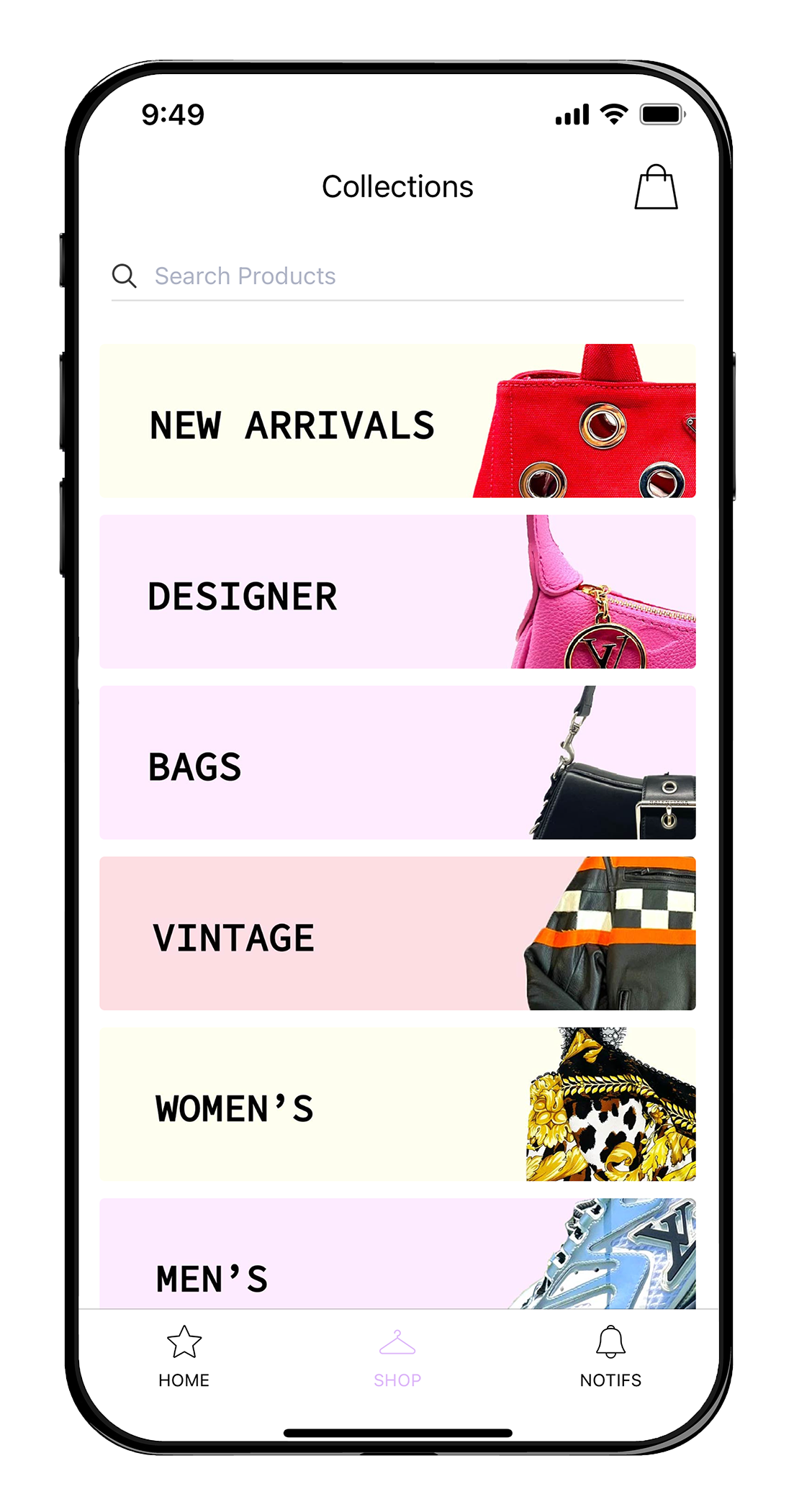 A mobile phone screen showing a column of buttons with images of products