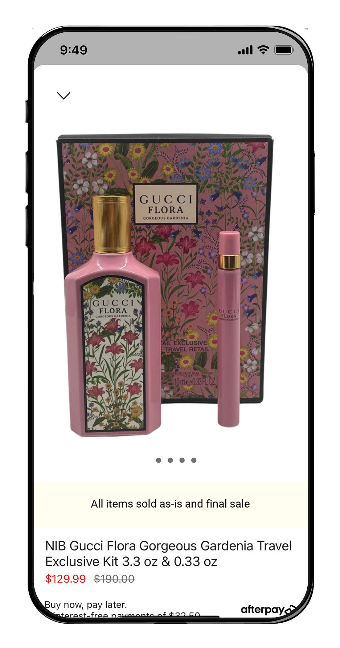 A mobile phone screen showing a product page featuring a bottle of perfume and information about it