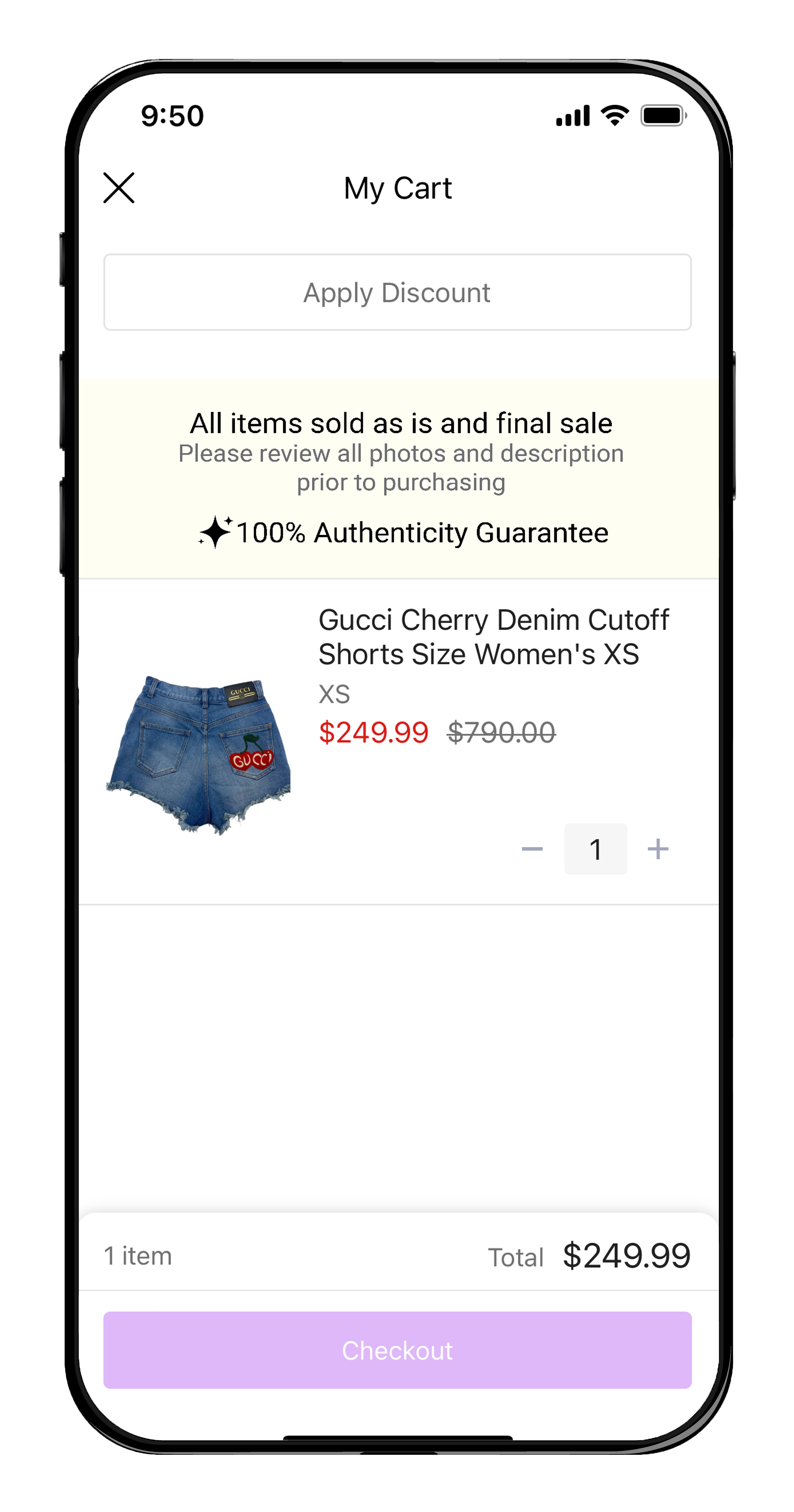 A mobile phone screen showing a checkout screen and one product with some information and buttons
