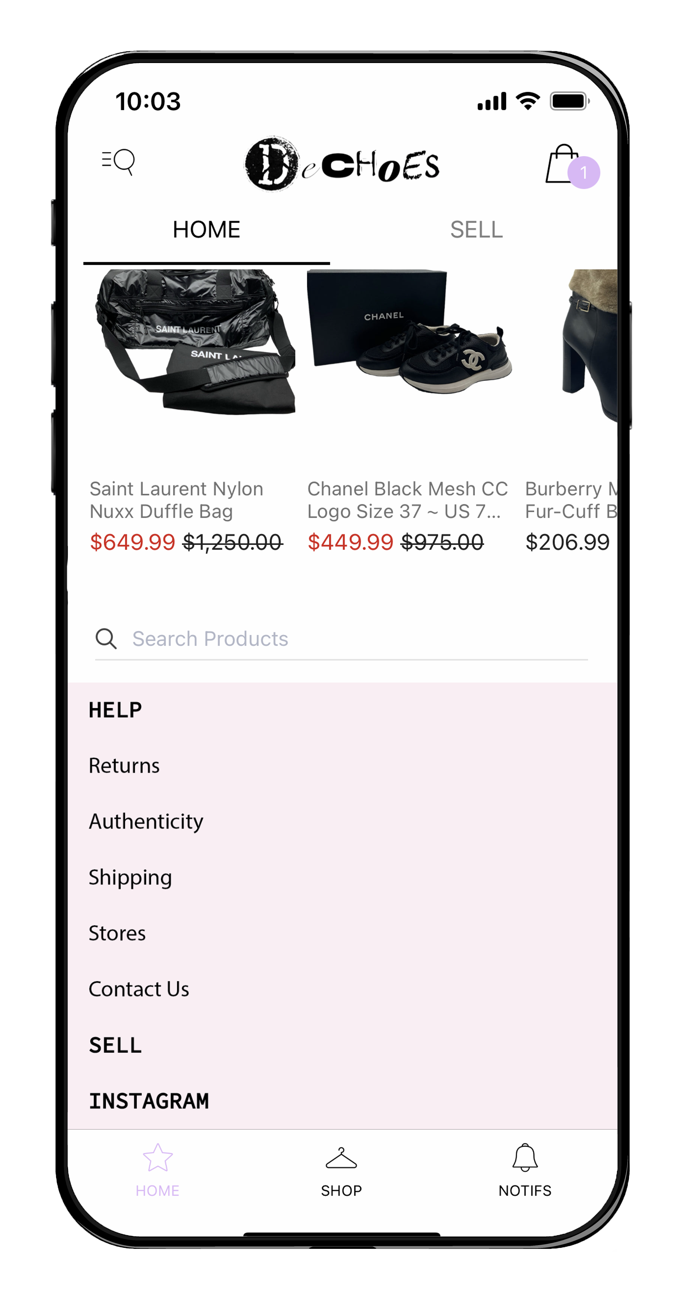 A mobile phone screen showing the footer menu with a column of words