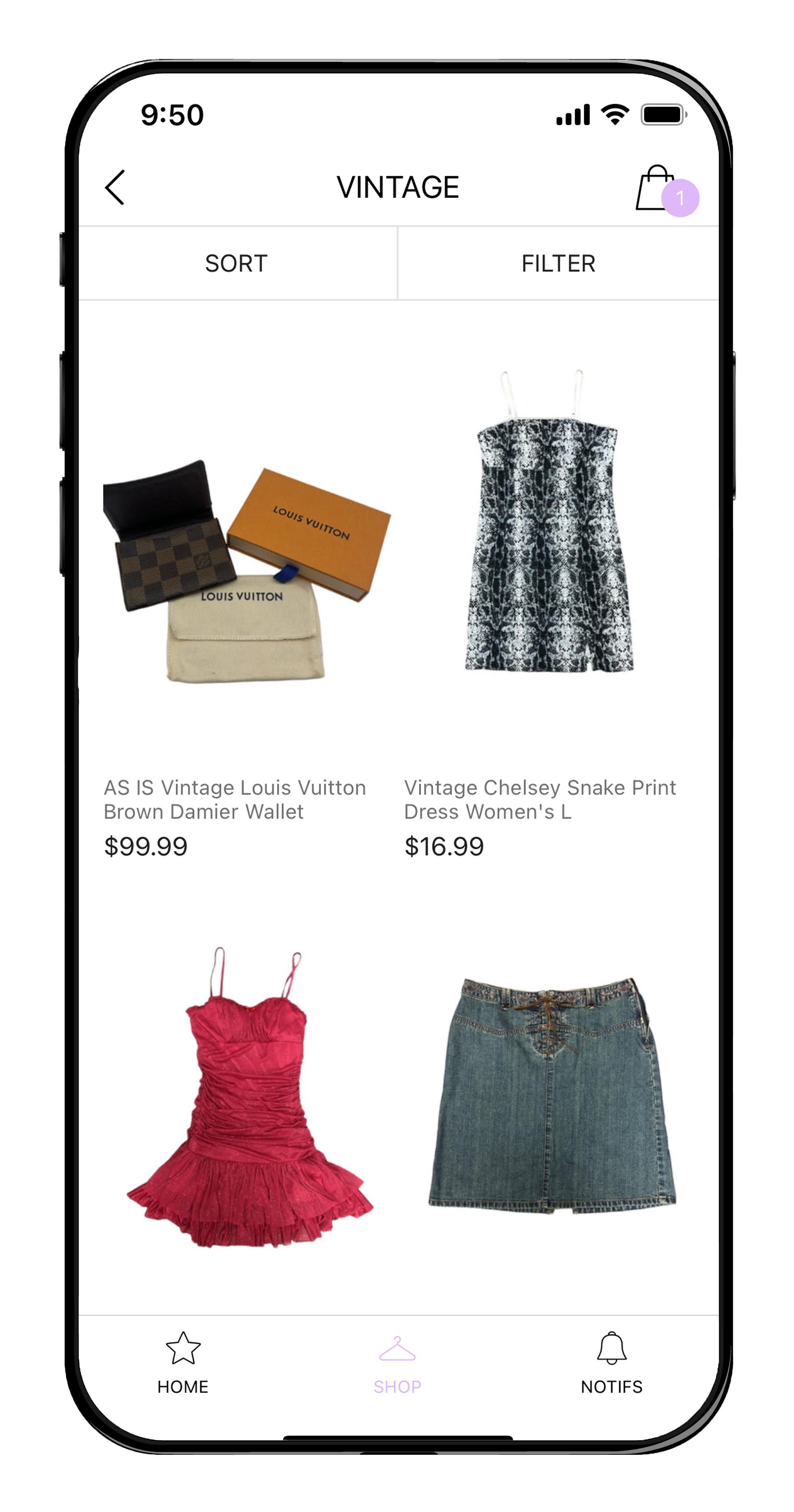 A mobile phone screen showing a grid of products