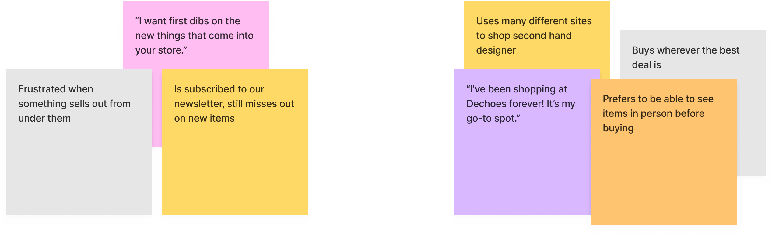 Two clusters of sticky notes with short sentences on each one
