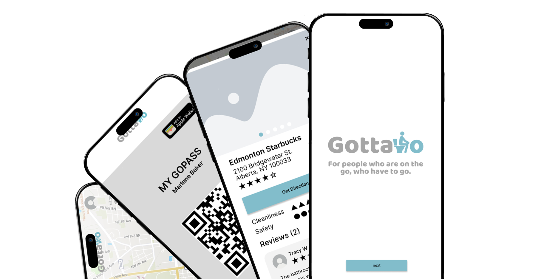 A series of mobile phone screens displaying mid-fidelity prototypes of a bathroom finding app