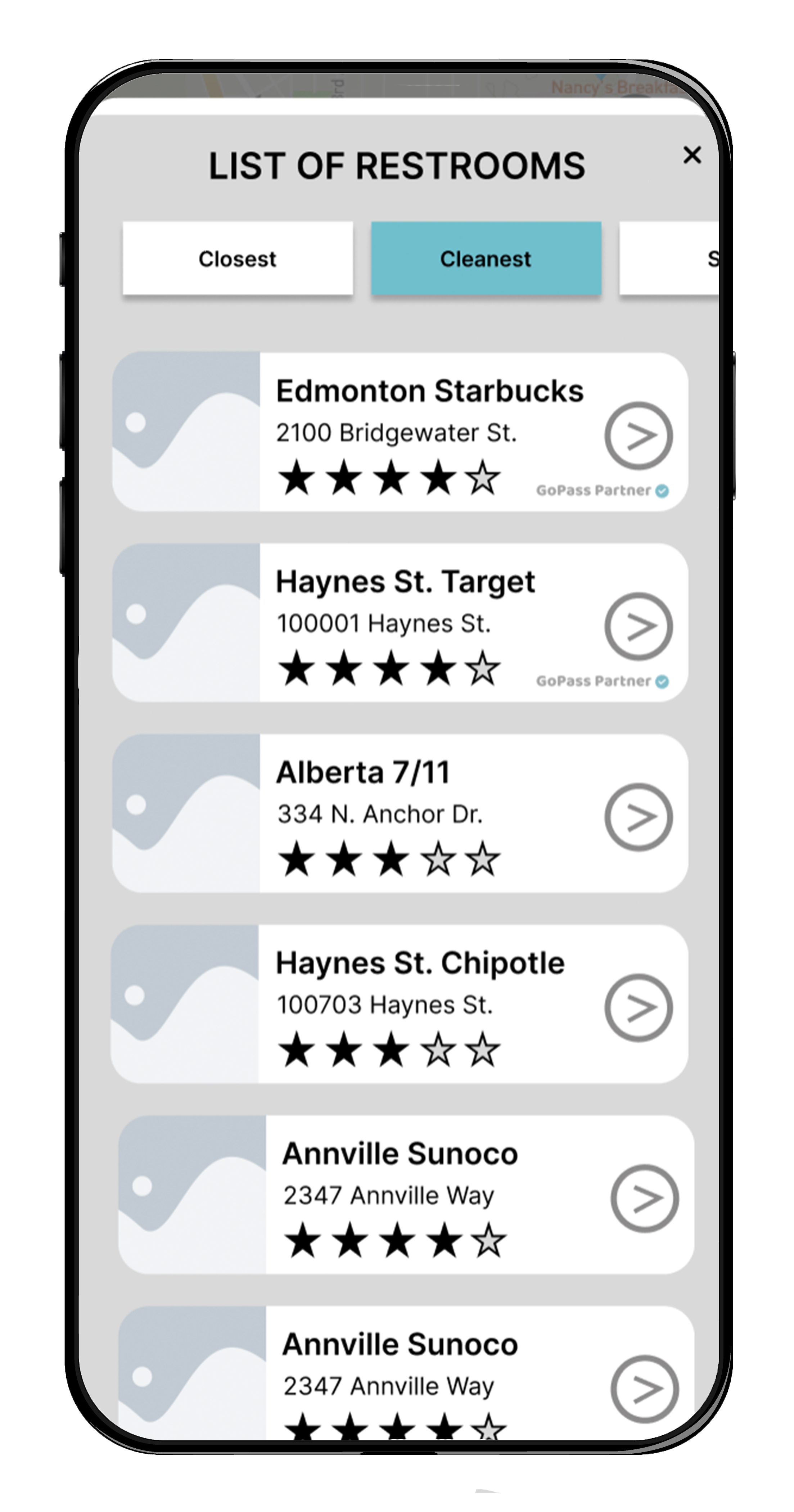 A mobile phone screen showing a list of bathroom locations with photos