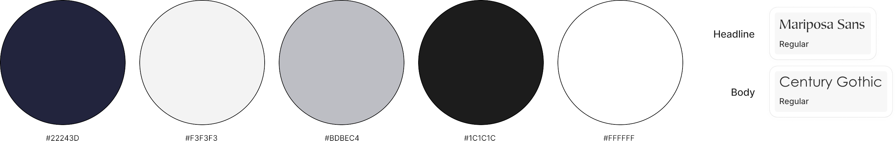 Five circles showcasing a color palette and two examples of fonts via a few words