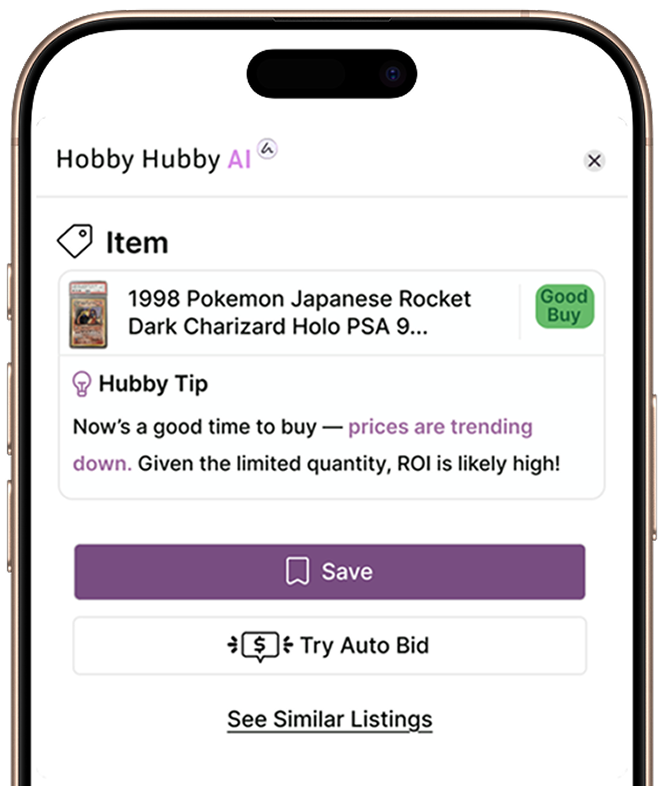 Mobile screen showing Hobby Hubby AI app with a 1998 Pokemon Japanese Rocket Dark Charizard Holo PSA 9 listing labeled as a Good Buy, a tip about prices trending down, and options to Save or Try Auto Bid.