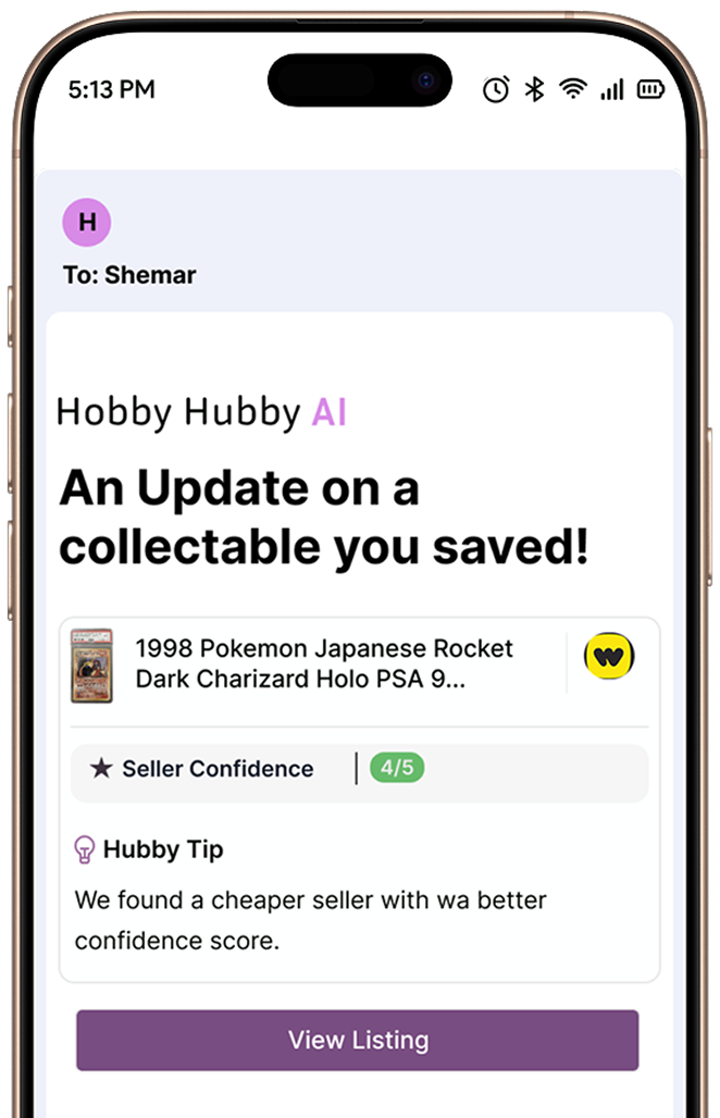 Smartphone screen showing an email update about a 1998 Pokemon Japanese Rocket Dark Charizard Holo PSA 9 collectible with seller confidence rating 4 out of 5 and a tip about a cheaper seller.