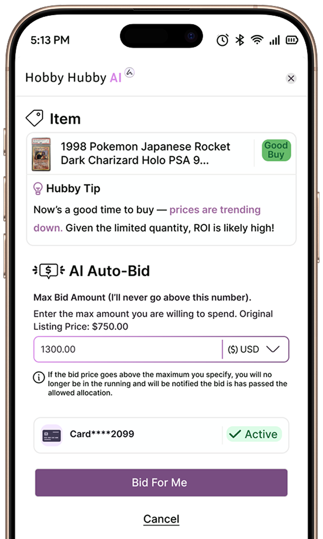 Mobile screen showing Hobby Hubby AI app page for AI Auto-Bid with item 1998 Pokemon Japanese Rocket Dark Charizard Holo PSA 9 labeled Good Buy, max bid input set to $1300 USD, card ending 2099 active, and bid button.