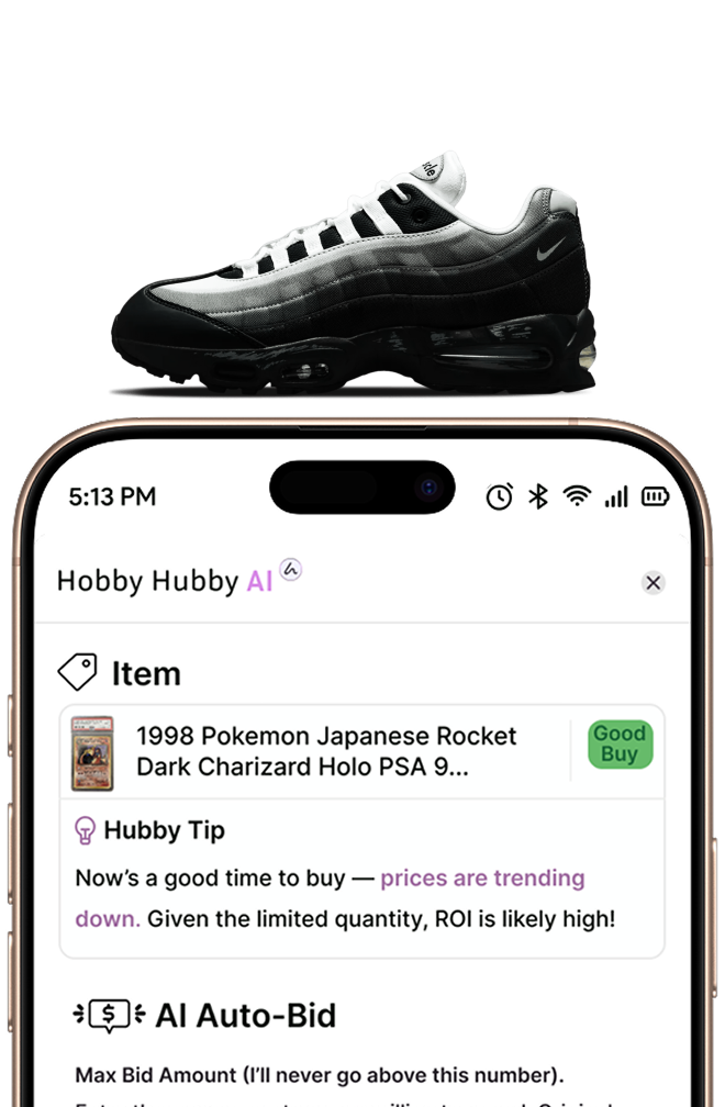 Smartphone screen showing Hobby Hubby AI app with item listing for a 1998 Pokemon Japanese Rocket Dark Charizard Holo PSA 9 card and a tip indicating prices are trending down, labeled as a good buy.