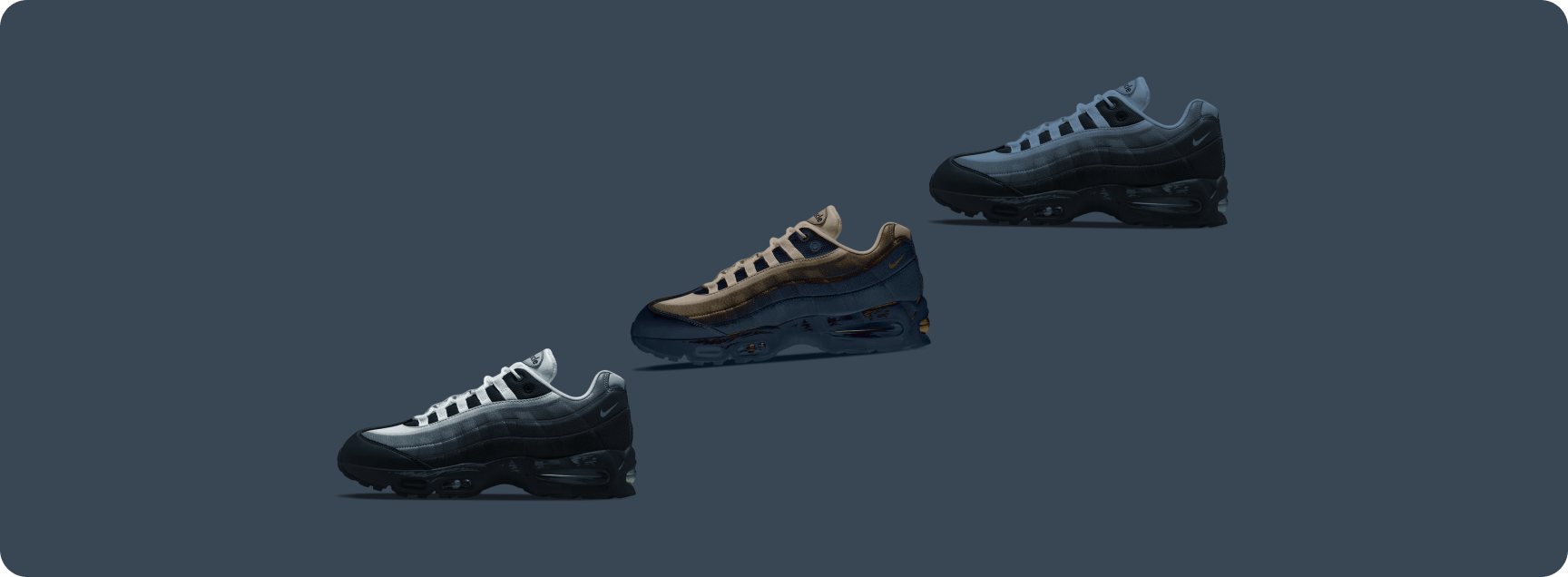 Three Nike Air Max 95 sneakers in different colorways arranged diagonally on a dark blue background.