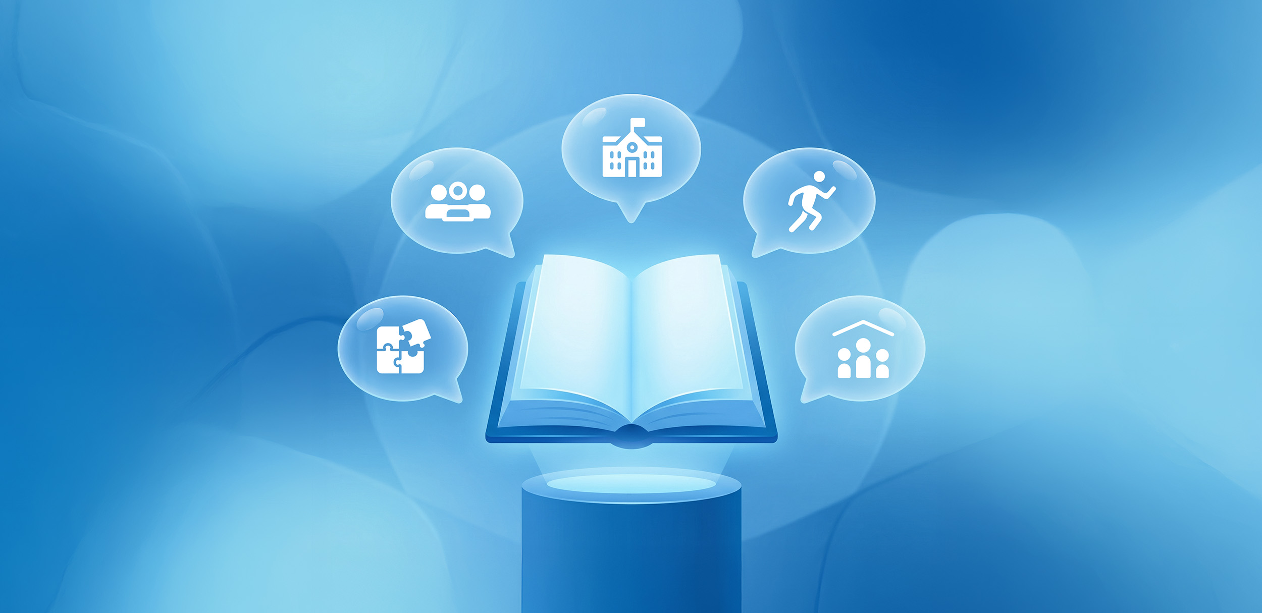 كتاب مفتوح محاط بأيقونات تعليمية ترمز إلى المشاركة المجتمعية وتعزيز الشراكة المجتمعية في التعليم عبر شراكات مجتمعية داعمة للتعلم والأنشطة المدرسية.