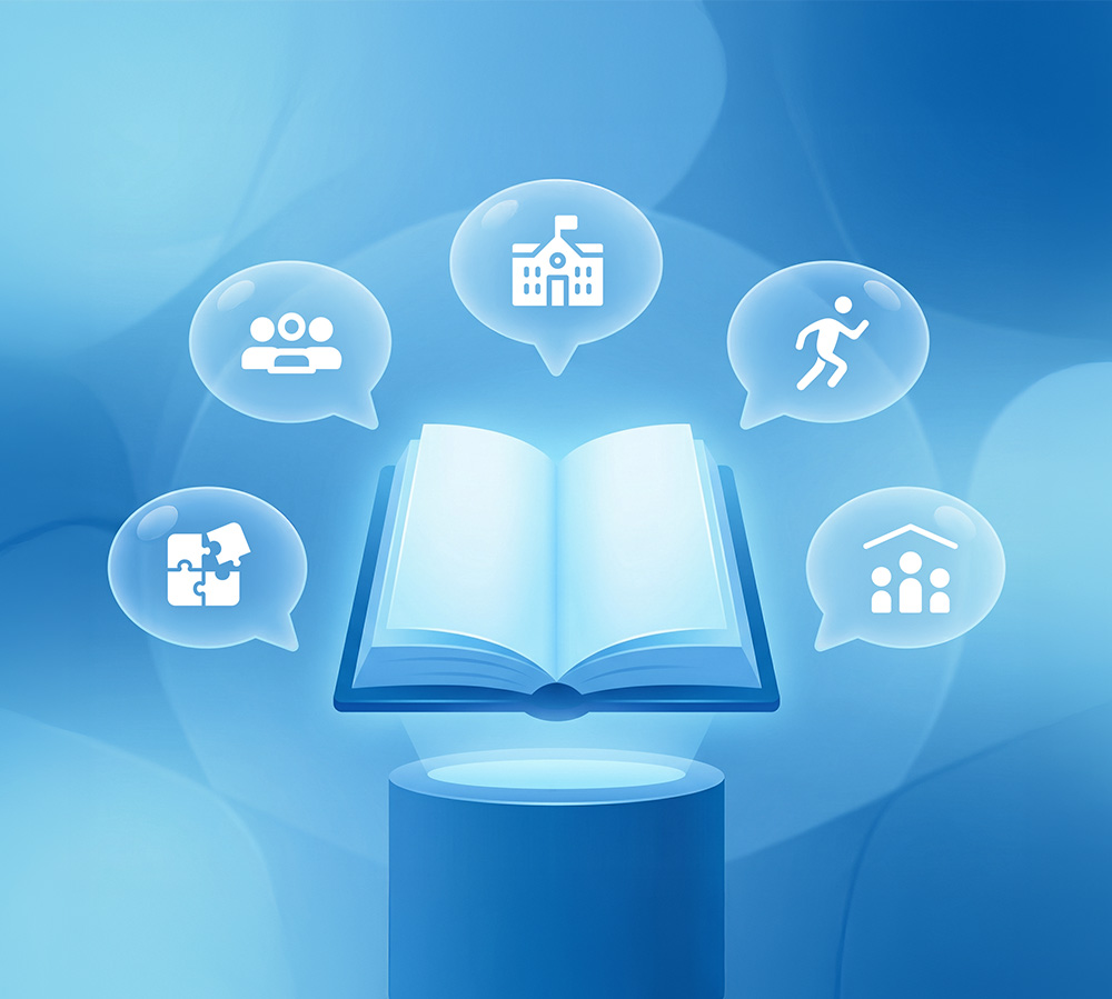 تصميم لكتاب مفتوح مع رموز المدرسة والمجموعة يعبر عن المشاركة المجتمعية في المدارس، ويبرز الشراكة المجتمعية في التعليم من خلال شراكات مجتمعية ترفع جودة التعليم وتدعم استدامته.