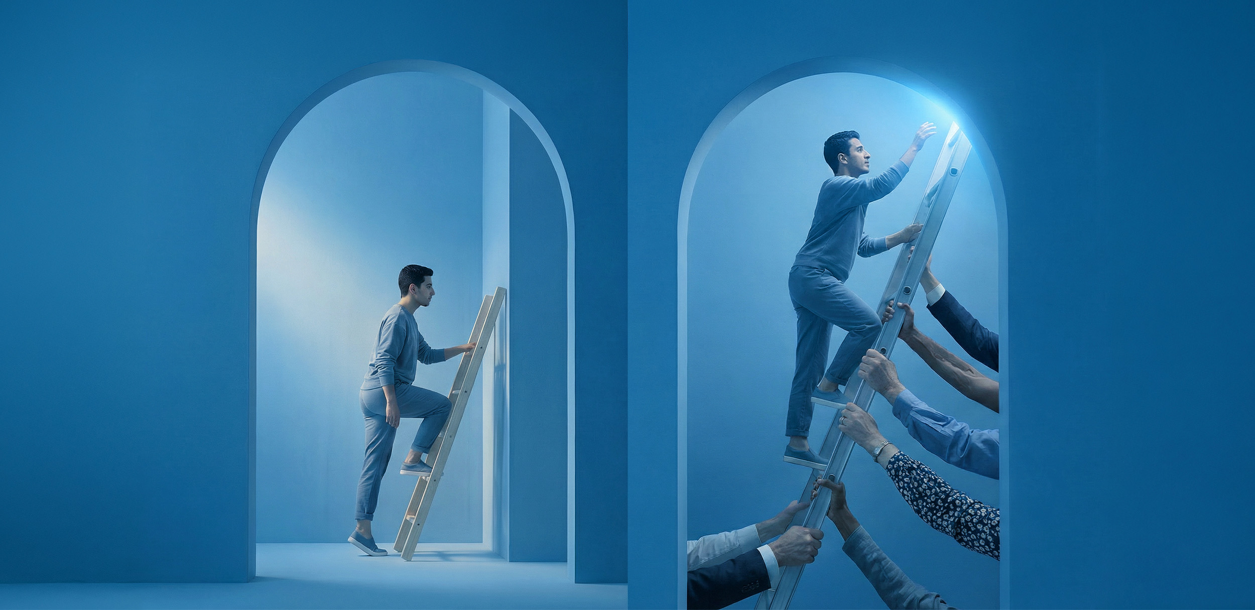 مشهد بصري يوضح الفرق بين الجهد الفردي والعمل الجماعي، حيث ترمز السلم المدعوم بالأيدي إلى المشاركة المجتمعية وشراكات مجتمعية فعّالة، ويجسّد مفهوم المشاركة المجتمعية في تحقيق أثر أكبر عبر التعاون.