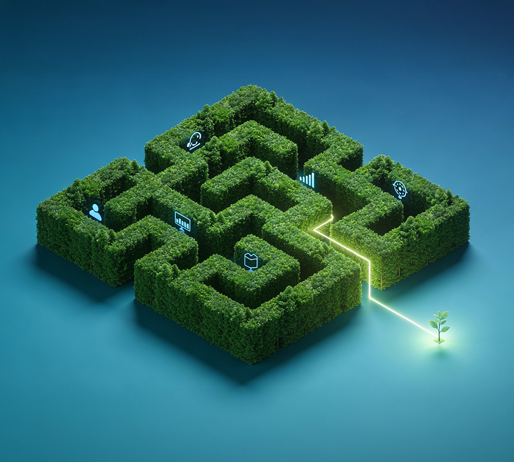 تصميم بصري لمتاهة طبيعية ينتهي بطريق مضيء ونمو جديد، يعكس أهمية المشاركة المجتمعية كمسار للخروج من التحديات وبناء حلول ذات أثر مستدام.