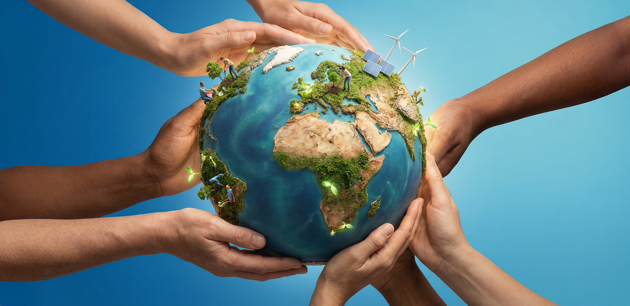 أيدٍ متعددة تحمل مجسمًا أخضرًا لكوكب الأرض يرمز لأنواع التنمية المستدامة، مثل البيئة والطاقة والعمل المجتمعي لتحقيق مستقبل متوازن.