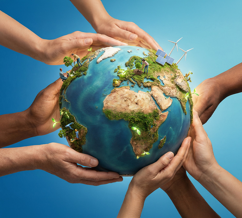 صورة تعبّر عن التعاون العالمي في دعم التنمية المستدامة، حيث تُظهر أيادي من أعراق مختلفة تحمل الأرض المزروعة والمضيئة نحو مستقبل مشترك.