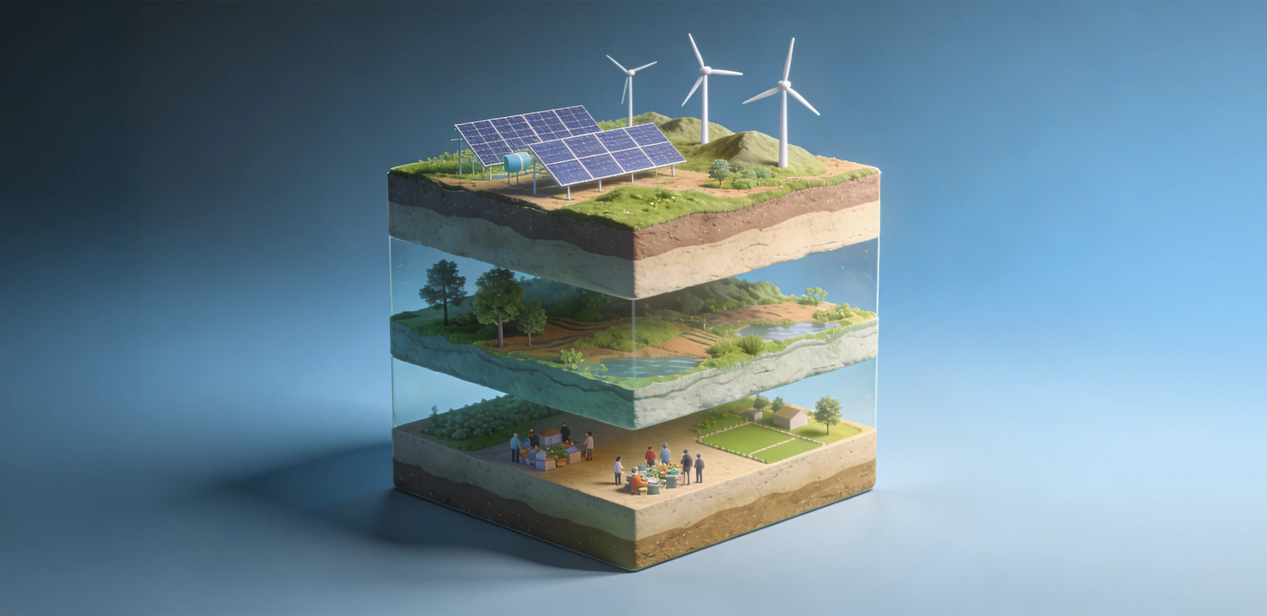 تصوير يعبّر عن مفهوم التنمية المستدامة من خلال تكامل الموارد الطبيعية والطاقة المتجددة والمجتمع، بما يعكس أهداف التنمية المستدامة ودورها في بناء توازن طويل الأمد بين الإنسان والبيئة.