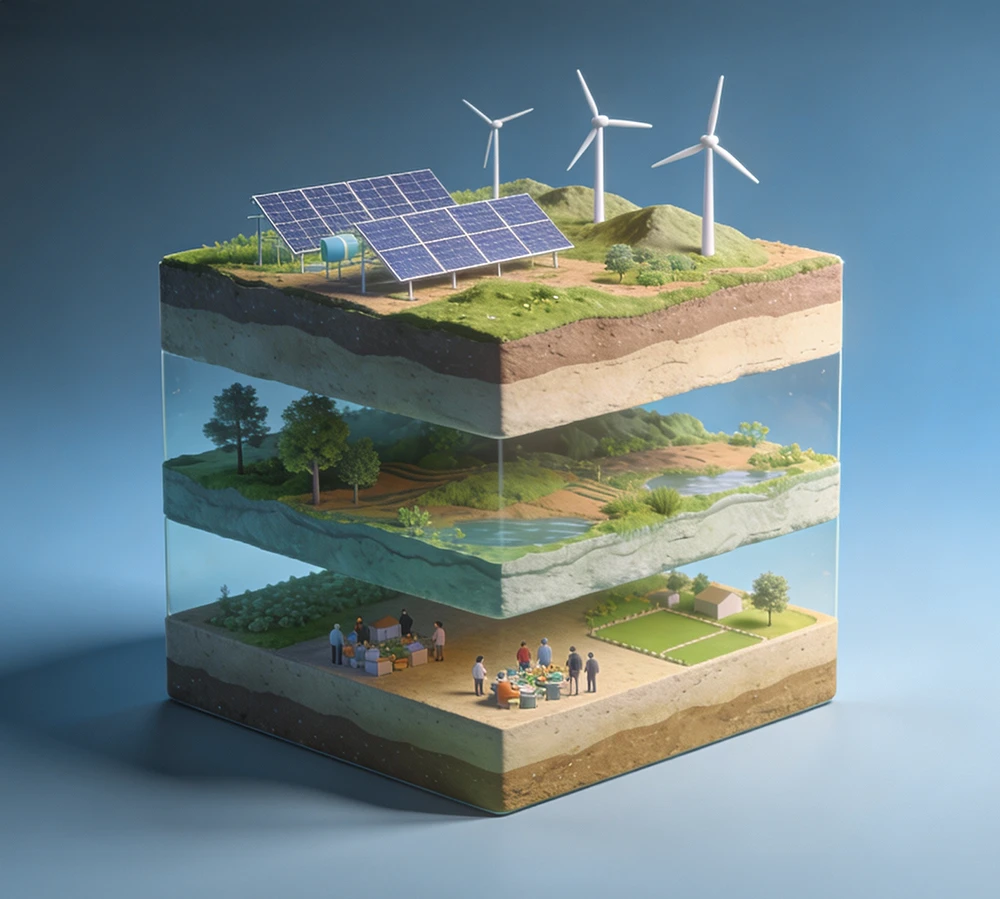 مشهد بصري يوضح ترابط البيئة والاقتصاد والمجتمع كأحد ركائز التنمية المستدامة، ويجسّد أهداف التنمية المستدامة كإطار لتحقيق استدامة شاملة للأجيال الحالية والمستقبلية.