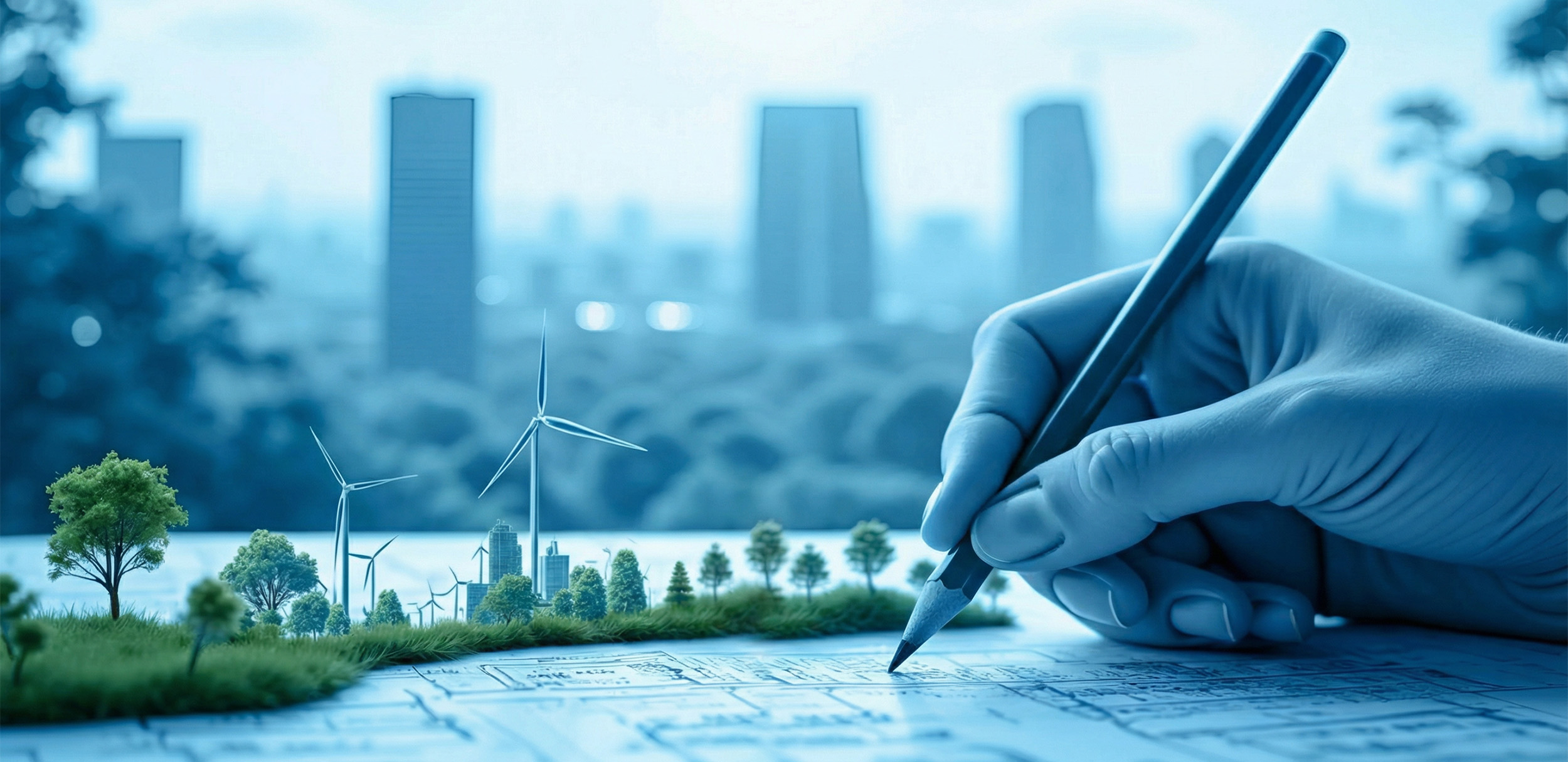 صورة مفاهيمية تُظهر يدًا ترسم على مخطط معماري يعلوه مشهد رمزي لمدينة خضراء تضم أشجارًا وتوربينات رياح، تعكس أسس التنمية المستدامة في التوازن بين التخطيط العمراني والطاقة المتجددة. الصورة تُعبّر عن مبادئ البناء المستدام والوعي البيئي المرتبط بمستقبل المجتمعات.