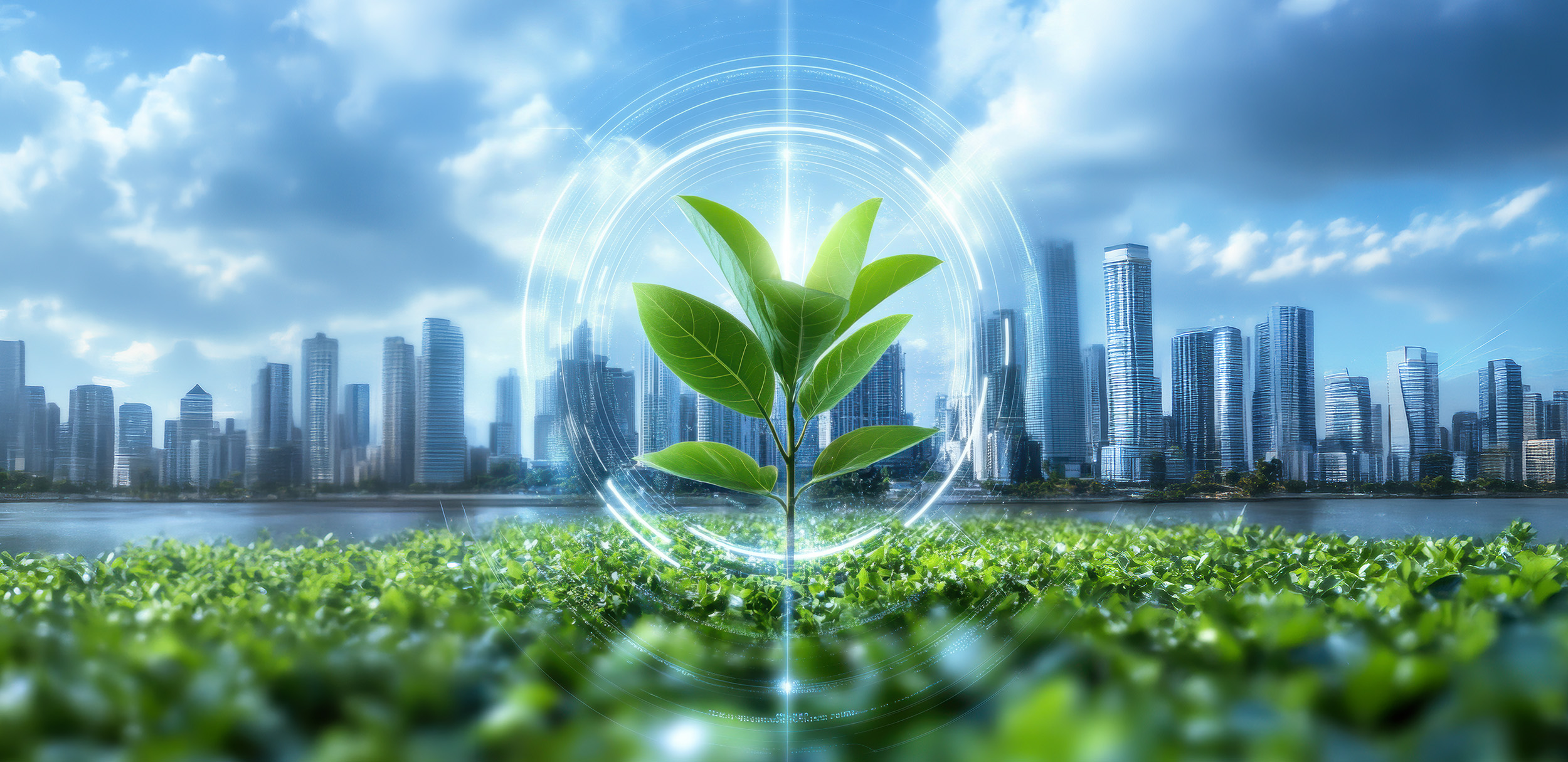رمز التنمية المستدامة من خلال شجرة خضراء وتوربين رياح على جزيرة صغيرة وسط الماء.