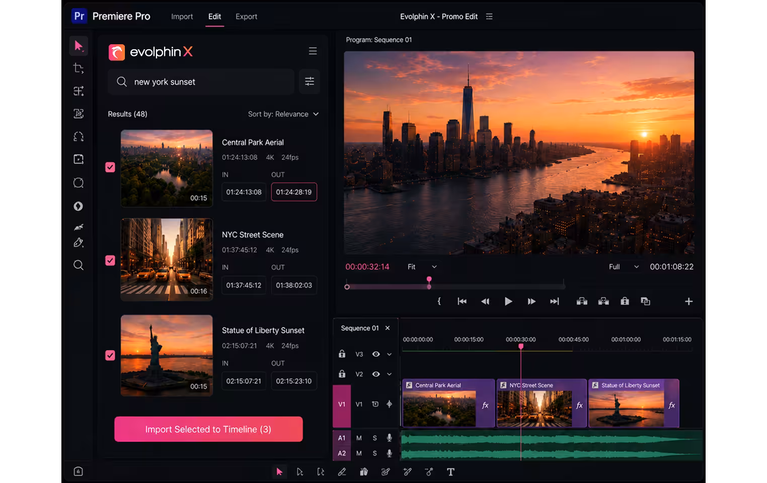 The Evolphin X panel inside Adobe Premiere Pro, showing search results with in and out points ready to import straight into the timeline