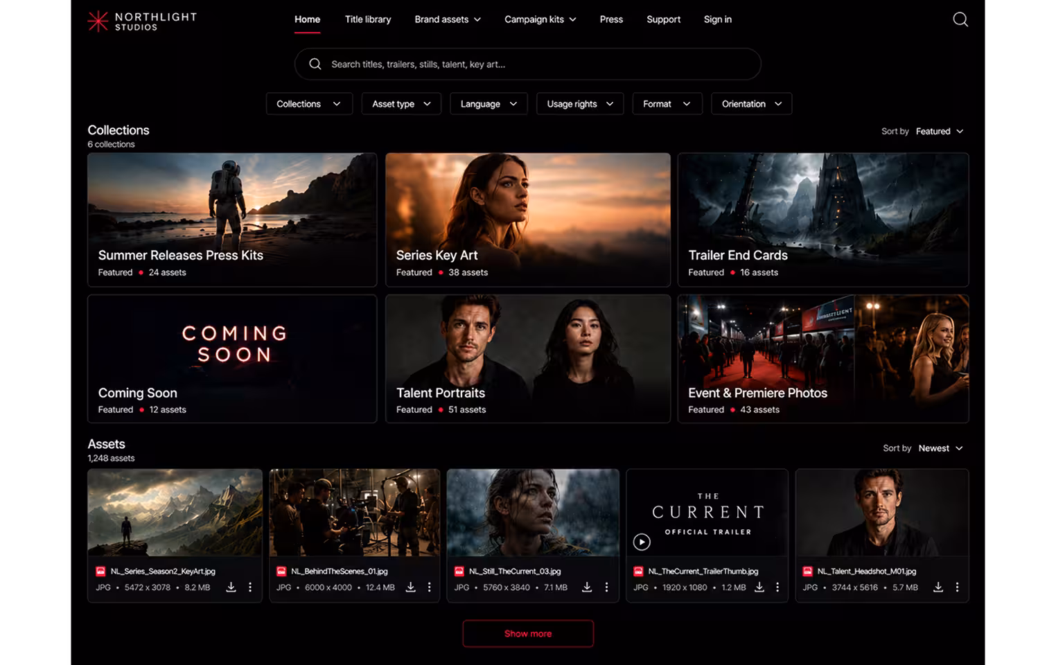 A branded Northlight Studios distribution portal built on Evolphin X, filtering press kits, key art and trailers by usage rights, language and format