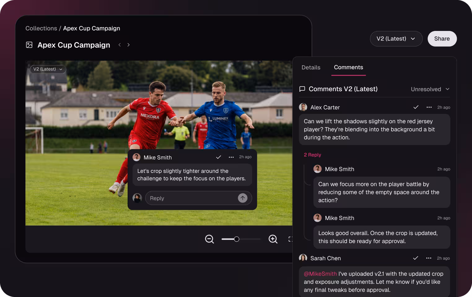 Evolphin X Collections review showing time-coded comments and threaded replies from three reviewers on version 2 of a sports campaign video