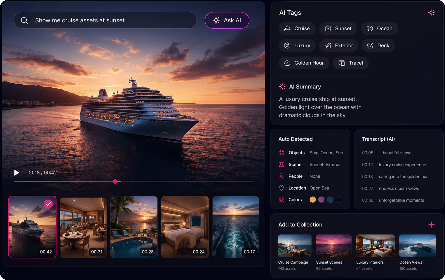 Evolphin X automatically tagging a cruise ship video with AI-detected objects, scene, location and colours, alongside an AI summary and a timecoded transcript
