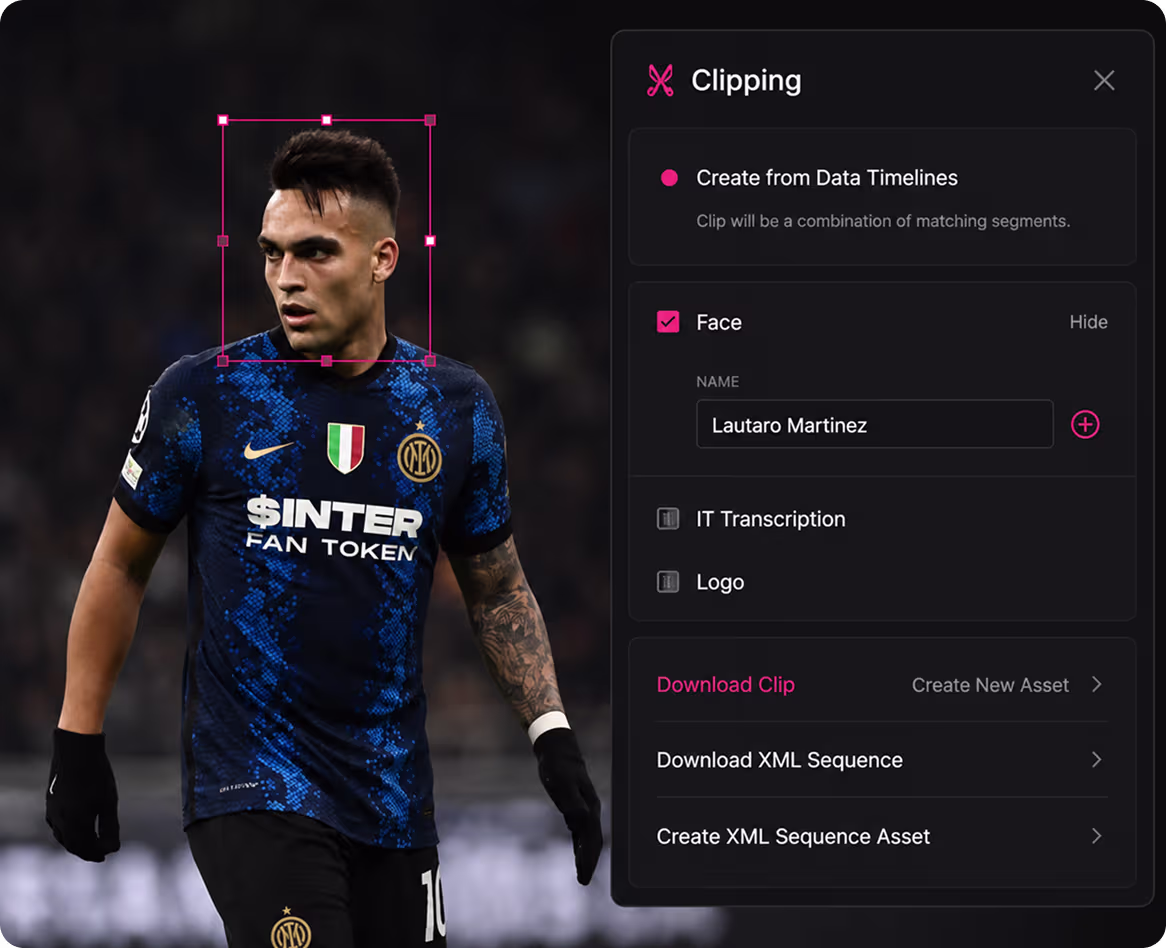 Evolphin X AI facial recognition identifying Inter Milan forward Lautaro Martinez in match footage and generating a clip