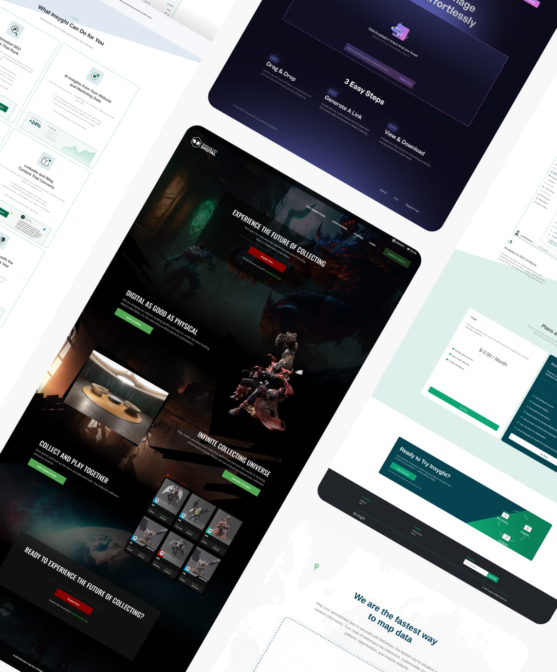 Collage of multiple digital webpage screenshots showcasing gaming, NFT collecting, and data management interfaces.