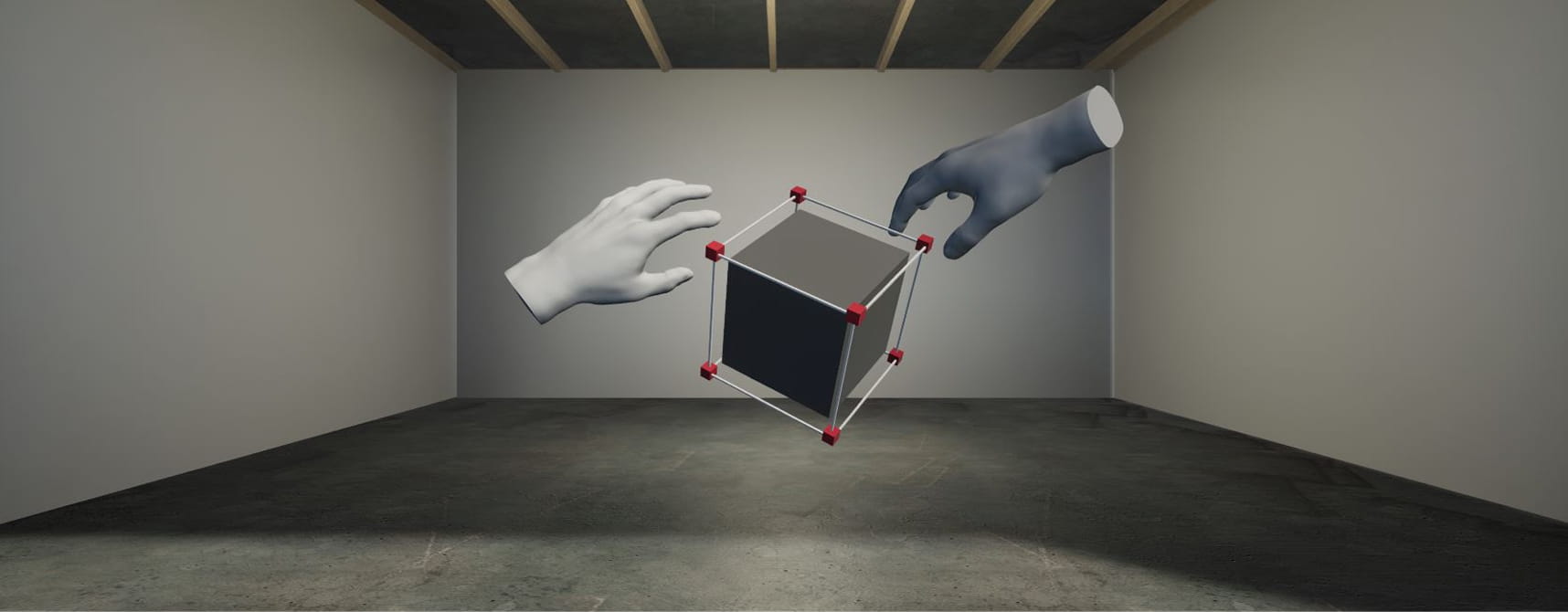 A virtual reality scene showing two floating hands, one white and one dark gray, reaching toward a floating black cube with red vertices in an empty room with concrete floor and wooden beams on the ceiling.