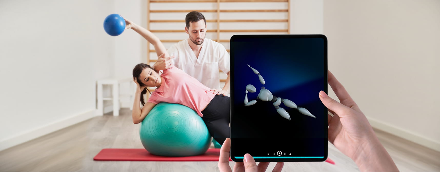 Physical therapist assists woman exercising with an exercise ball holding a blue weight, while a tablet in the foreground shows a 3D model of a human figure in a similar pose.