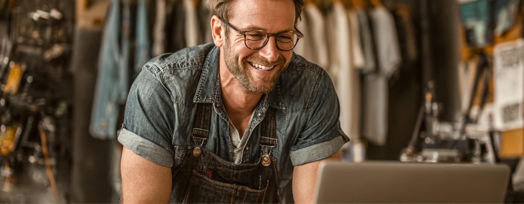 Smiling man wearing glasses and denim shirt with apron, looking at a laptop in a clothing store.