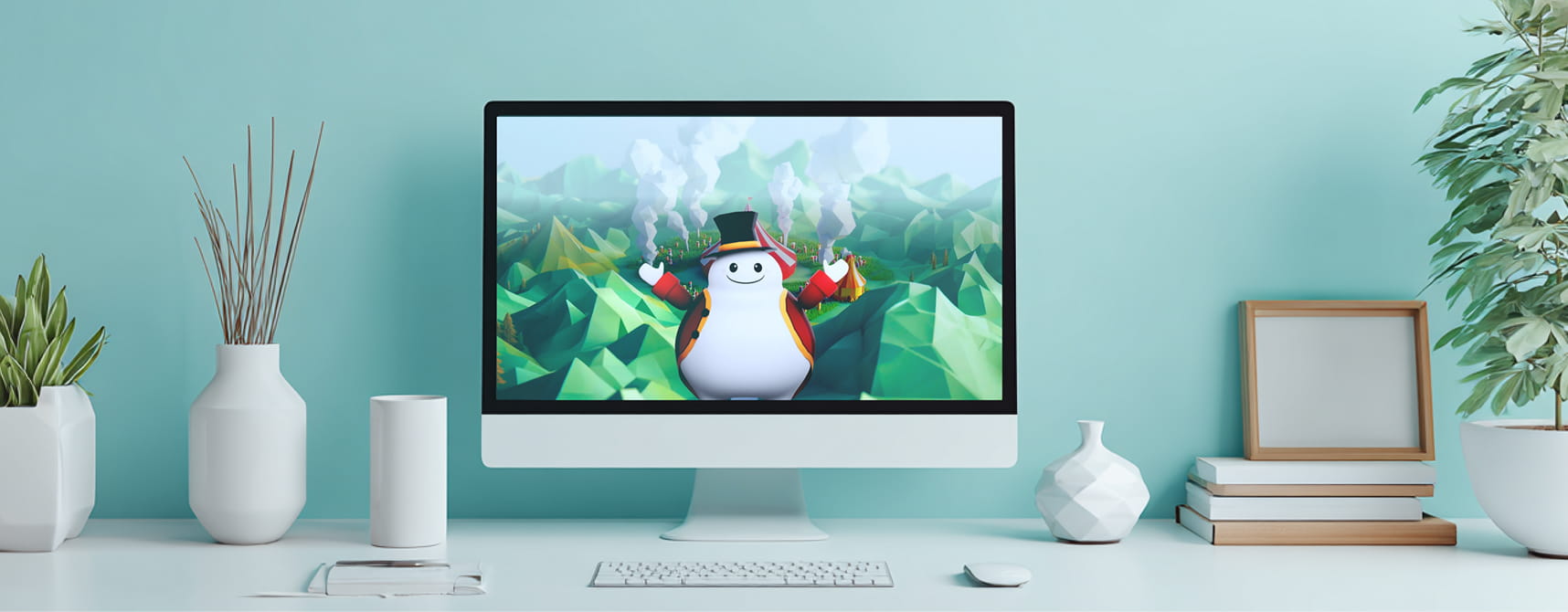 Modern desk setup with an iMac displaying a cheerful snowman in a top hat and red jacket against a green mountain background.