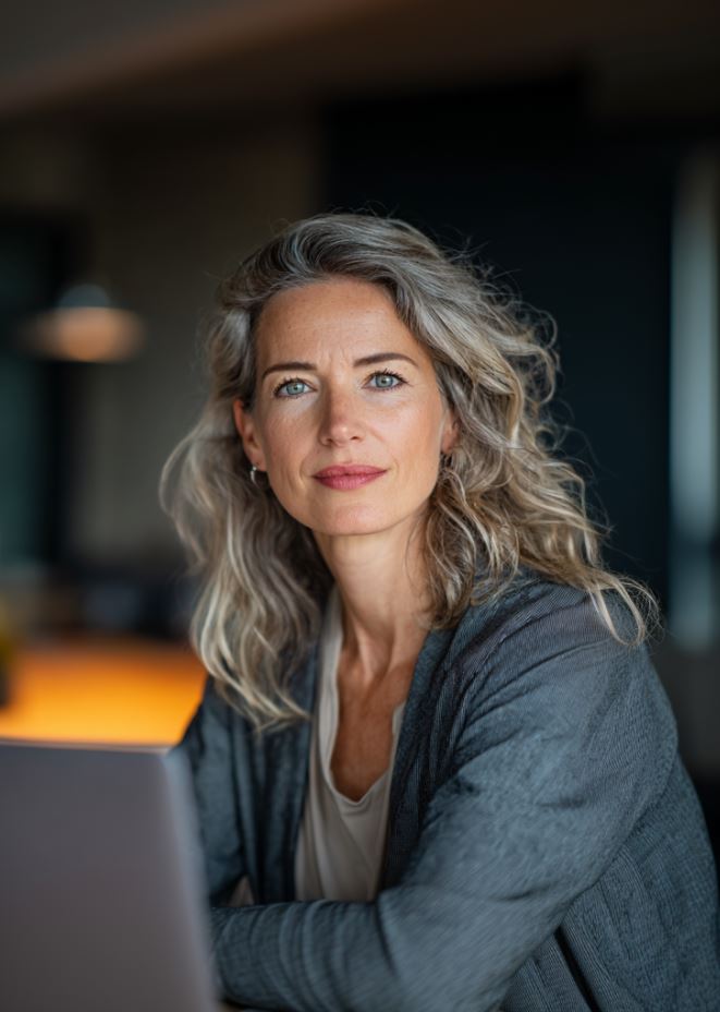 Smiling man with folded arms wearing a checkered shirt in a modern office setting.