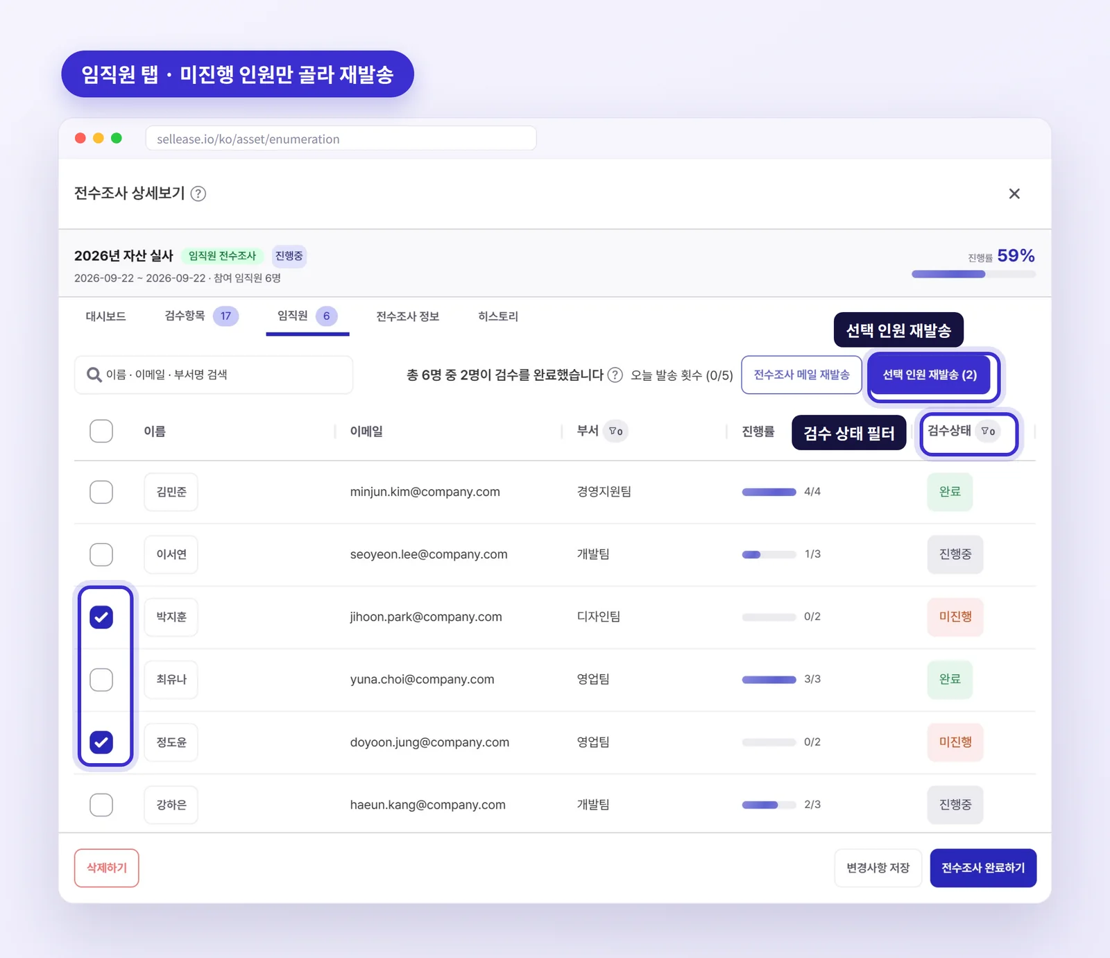 셀리즈 임직원 전수조사 임직원 탭 — 미진행 인원 선택 후 선택 인원 재발송, 검수 상태 필터