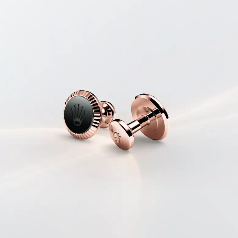 Rolex 'Fluted' cufflinks in Everose gold and ceramic, A1035 at Langfords Jewellers