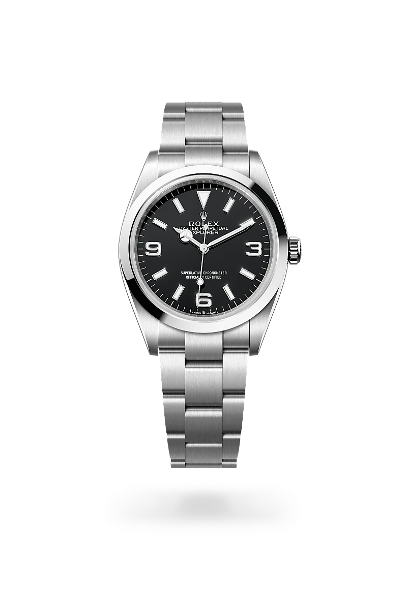 Rolex Explorer 36 in Oystersteel with a Black finish dial, smooth bezel, and Oystersteel bracelet