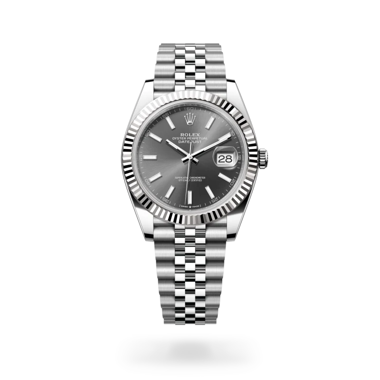 Rolex Datejust 41 in White Rolesor with a Slate finish dial, fluted bezel, and Oystersteel bracelet