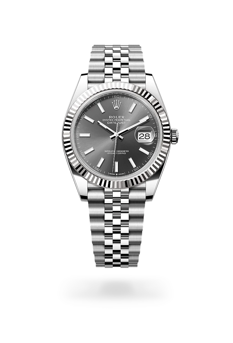 Rolex Datejust 41 in White Rolesor with a Slate finish dial, fluted bezel, and Oystersteel bracelet