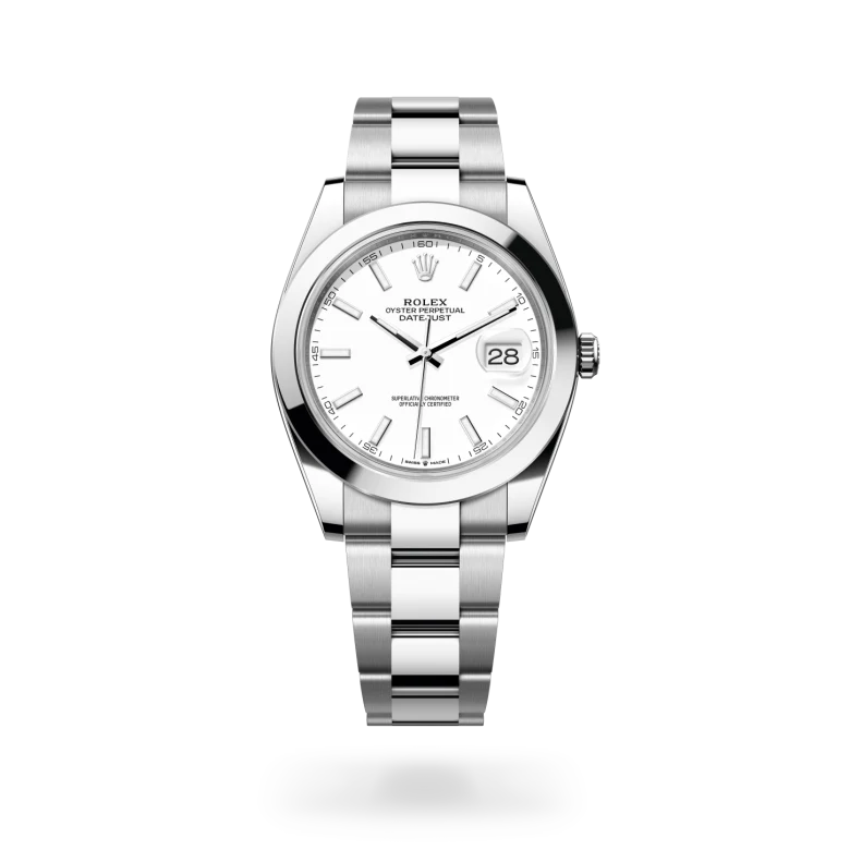 Rolex Datejust 41 in Oystersteel with a White finish dial, smooth bezel, and Oystersteel bracelet