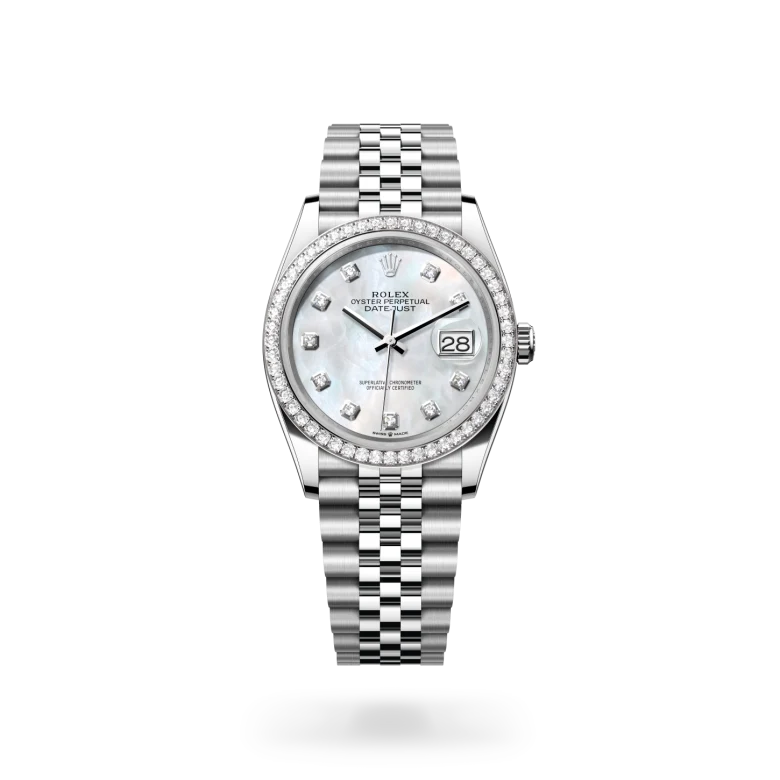 Rolex Datejust 36 in White Rolesor with a White mother-of-pearl diamond set finish dial, diamond-set bezel, and Oystersteel bracelet